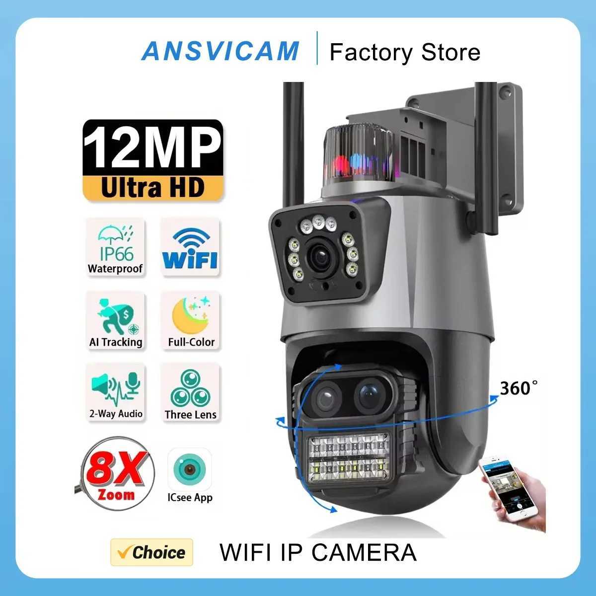 6K 12MP WiFi Security Camera 360 Wireless Outdoor ICSee Smart Three Lens 8X Zoom Video Surveillance IP Camera CCTV Auto Tracking X250111