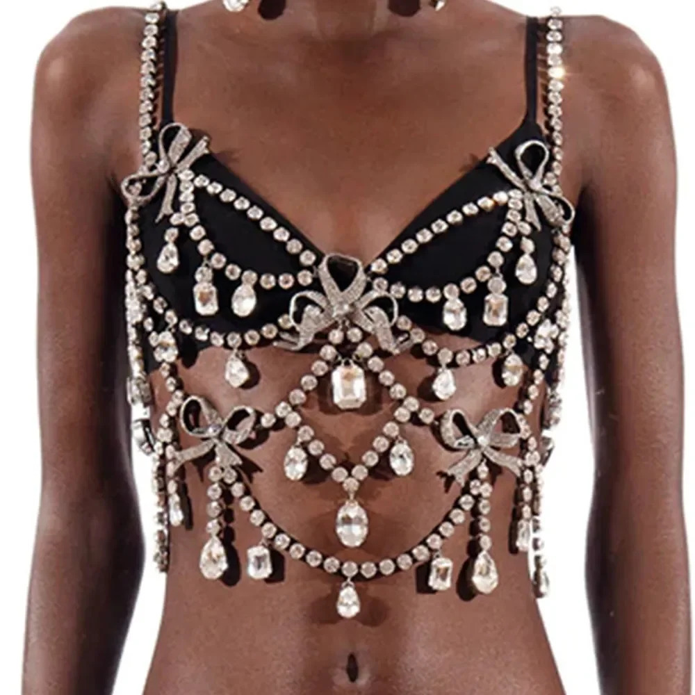 XSBODY Charm Exaggerated Big Crystal Lingerie Chest Chain Water Drop Gem Rhinestone Bra Vest Chain Ladies Clubwear Jewelry 250107