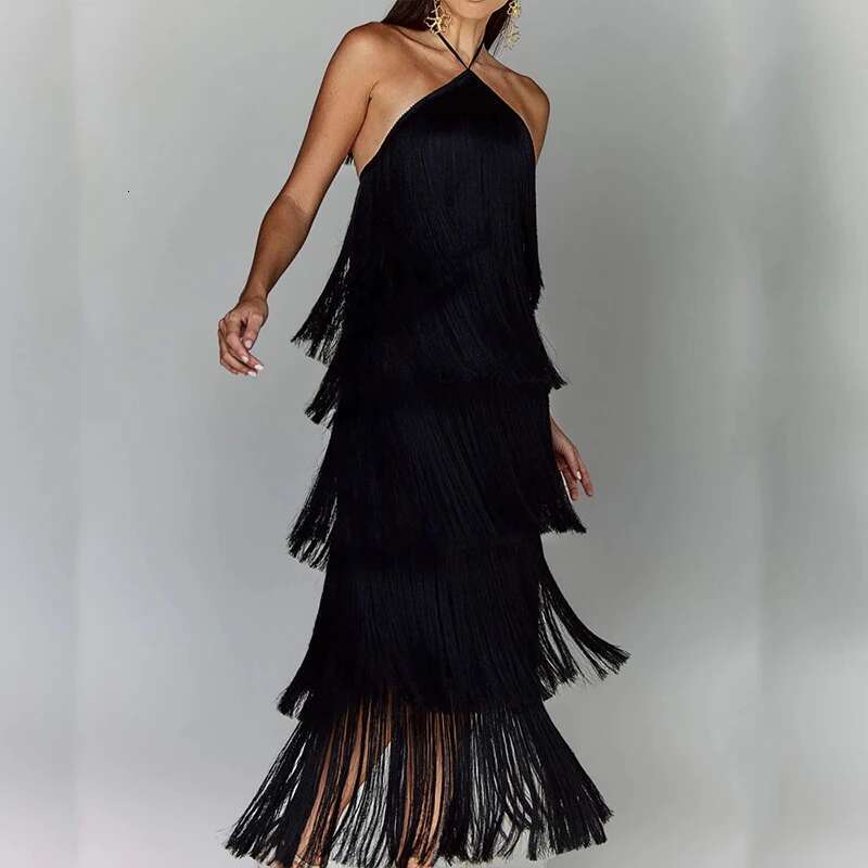 Fashion Layered Solid Color Ladies Sexy Off-Shoulder High Waist Slim Chic Club Party Fringed Sleeveless Long Dress