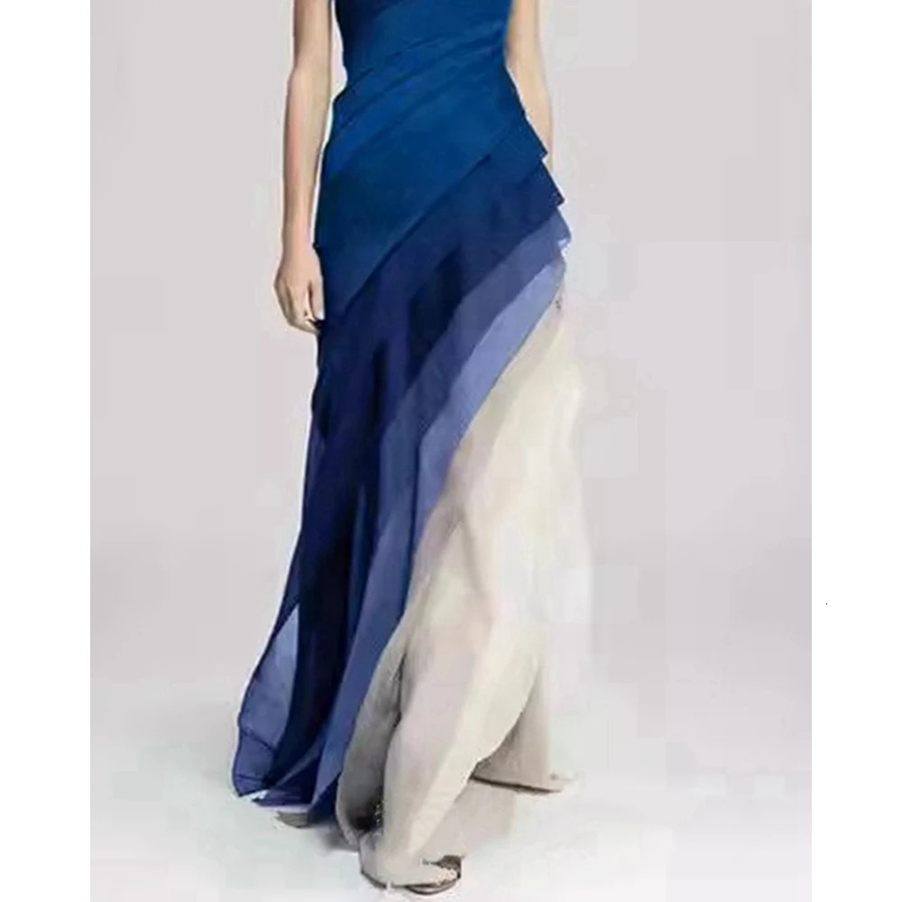 Korean Fashion Women Tierred Ruffles Sleeveless Maxi Ombre Wedding Dress Evening Party Clothing 250106