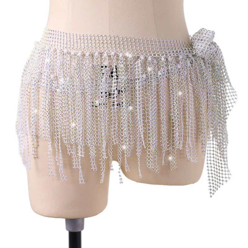 Women Glitter Belly Dance Hip Belt Scarf Diamond Exquisite Tassel Shawl Waist Chain Rave Outfit Stage Costume Practice Dancewear 250107