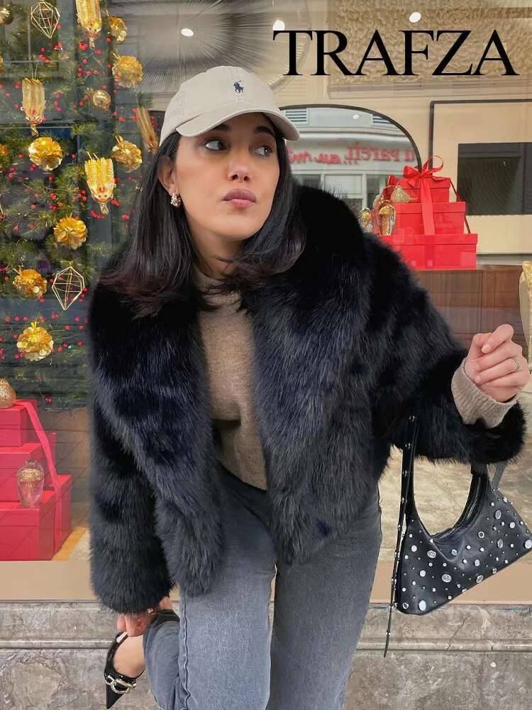 TRAFZA 2024 Winter Coats For Women Trend Artificial Fur Solid Loose Short Coat Female Vintage Chic Elegant Women's Cardigan
