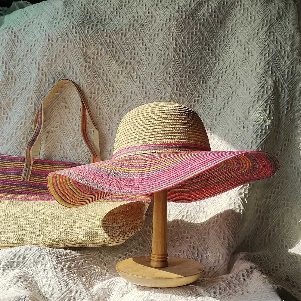 Hat and bag set Warm striped design summer straw hat travel bag fashionable and breathable straw hat womens beach sun hat X250109