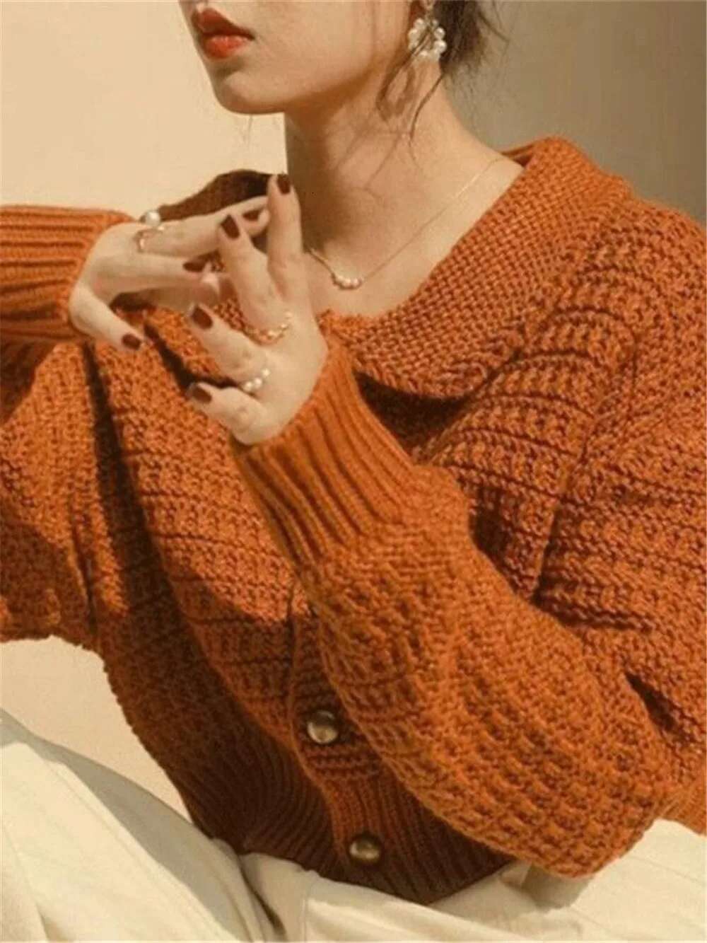 2022 Autumn Orange Crop Top Peter Pan Collar Button Up Korean Fashion Knit Cardigan Sweater Coat Fall Winter Women Y7267