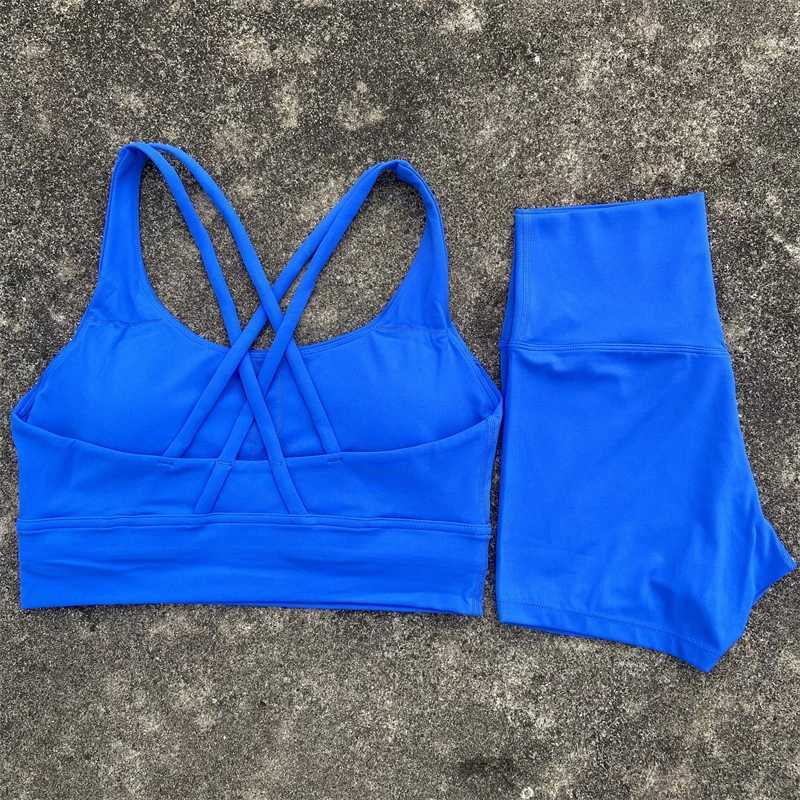 Yoga Shorts Set Gym Sports Set Women Workout Clothes 2 Piece Fitness Suit Cross Straps Bra High Waist Shorts Running TracksuitXJ250109
