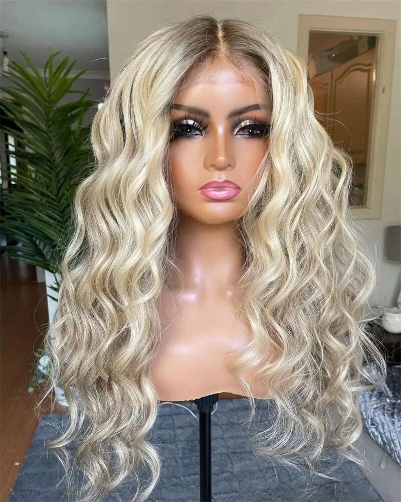 Curly Frontal Ash Blonde Highlights Women"s Wigs Natural Soft Lace Wig Glueless Synthetic High Heat Fibre Good Quality