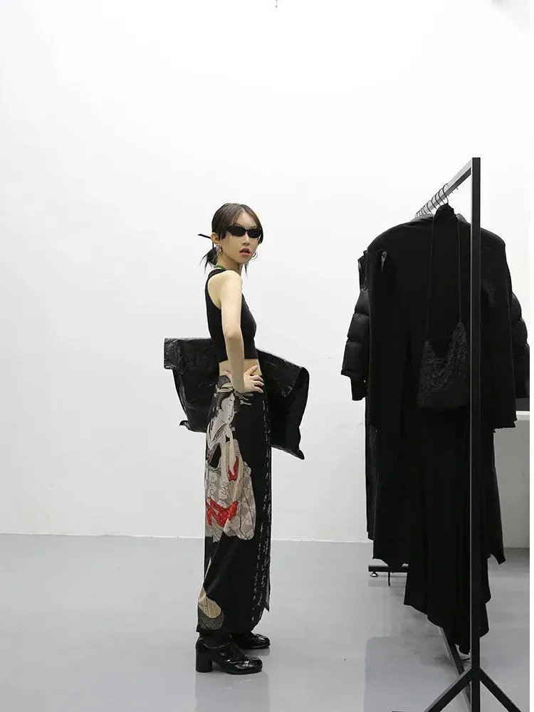 Tie Dye Black Print Skirts Womens Aline Split Long Skirt Harajuku Japanese Streetwear Gothic Faldas Largas Mujer Fairycore 250106