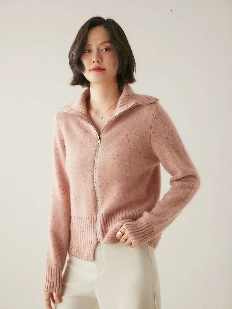 Autumn Winter Women Zipper Sweater Turn Down Collar Cardigan100% Cashmere Knit COS Style Colorful Dot Yarn Popular Top