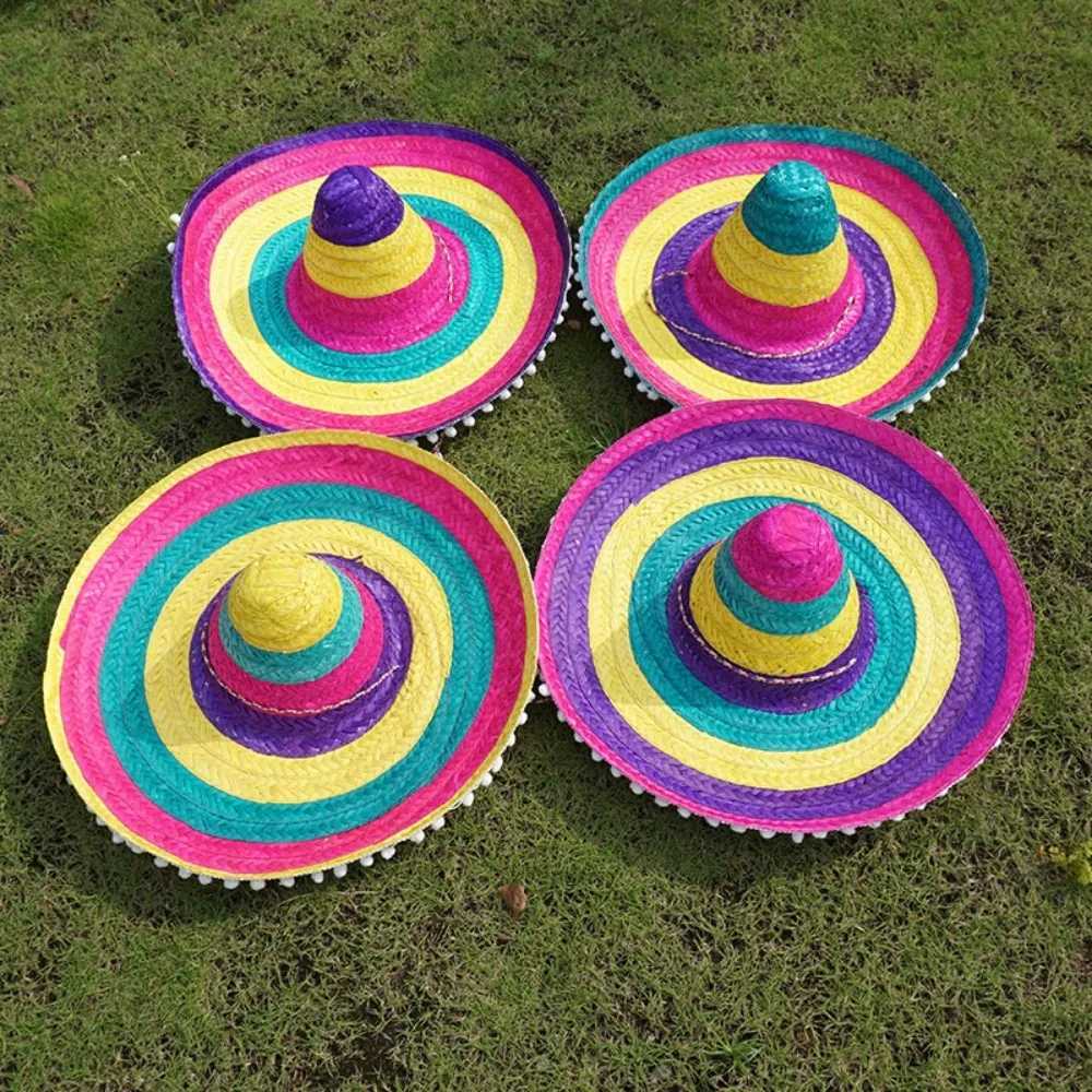 Summer colorful wide brown Mexican party hat Sbrero party sun hat decoration Halloween straw hat for men X250109