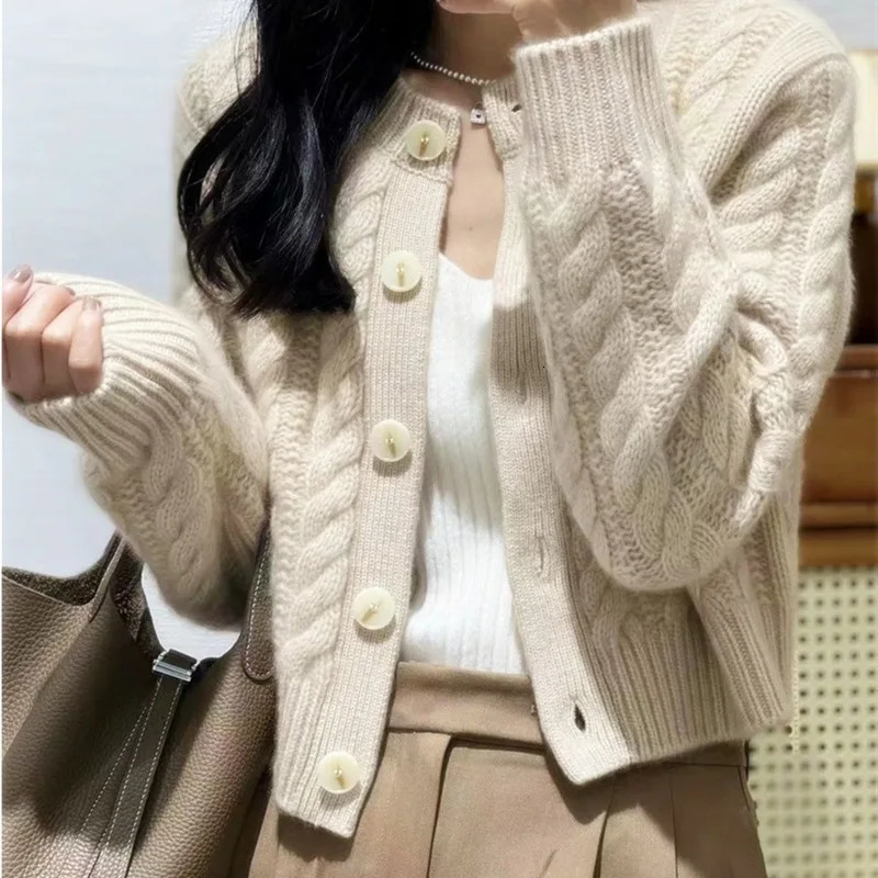 Autumn Long Sleeve Solid Color Singlebreasted Loose Knitted Cardigan Fashion Sweater Coat Women Female Casual Short Tops 250108