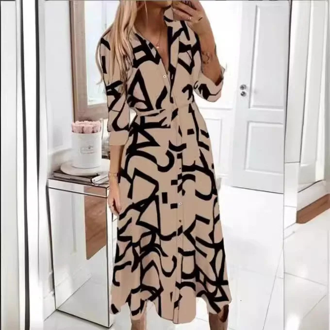 Women Dress Vneck Spring Autumn Geometry Printed buttonup longsleeved Woman midcalf Dresses Vestidos TXGL028 250106