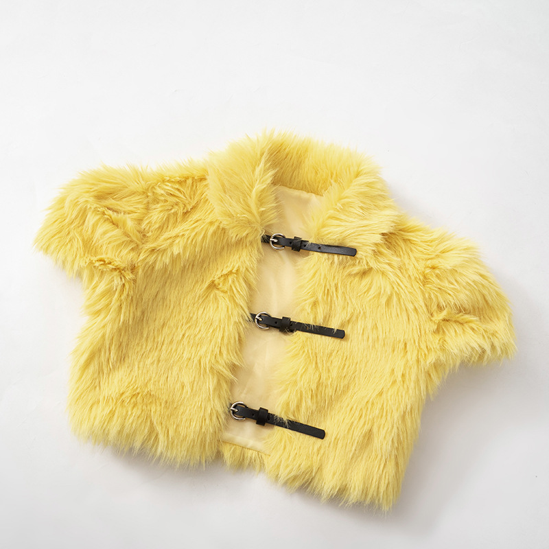 Women's Jackets Faux Fur Women Jackets Crop Top Turn Down Collar Short Sleeves Belt Buckles Cardigans Coat Fashion Warm Vest Outerwear