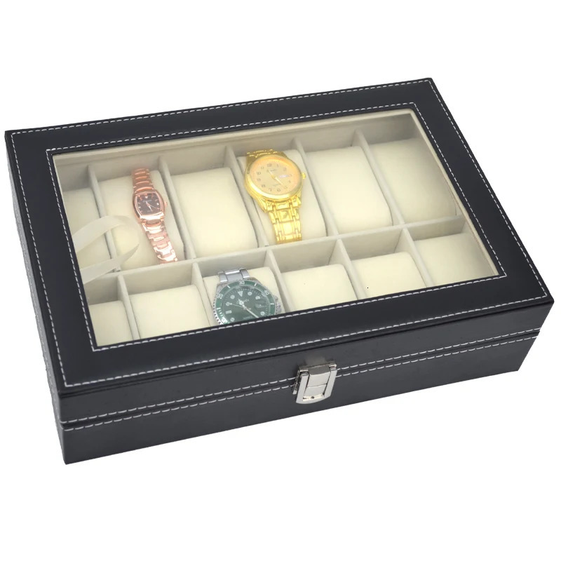 PU Leather Display Storage Collection Organizer Watch Box For Men Case With Glass Top 250109