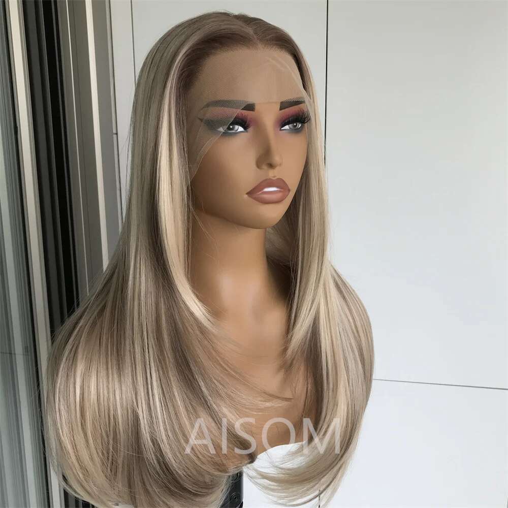 Front Highlight Layered Straight Synthetic Lace Wigs For Women Blonde Mix Brown Colored Wig Pre Plucked