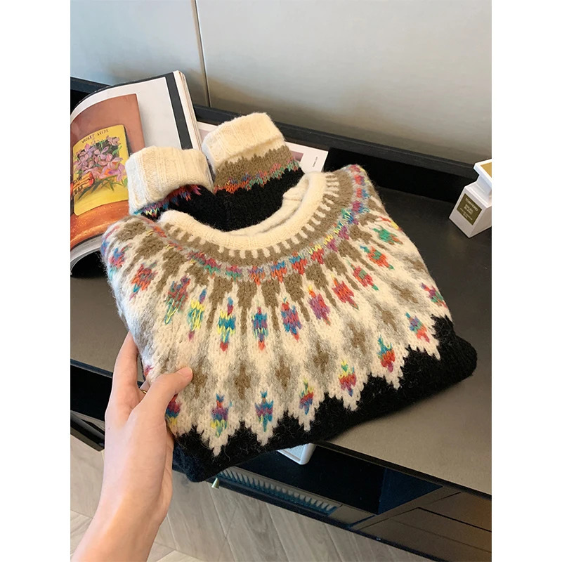 MEXZT Vintage Print Sweater Women Harajuku Long Sleeve Knitted Pullovers Korean Aesthetic Knitwear Winter Chic Casual Jumpers 250108
