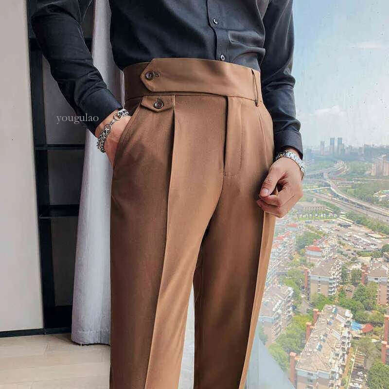 Vintage England Elegant Mens Slim Fit Suit Pants Gentleman Retro British Style Social Pants Men White Office Trousers Work Dress 211229