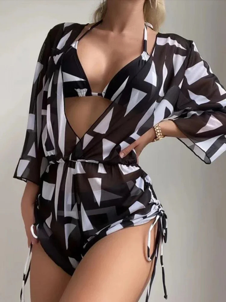 3 Pieces Tankini Tropical Print Swimsuit Halter Drawstring Swimwear Women Bathing Suit Female Swimming Summer Beachwear 250108