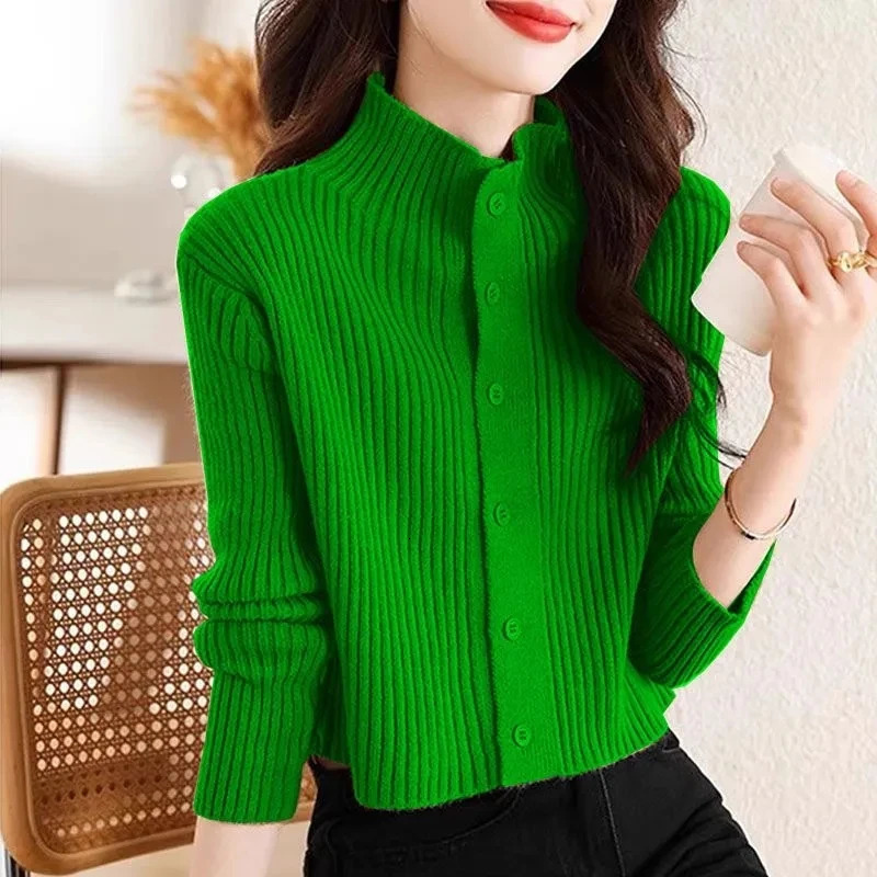 Spring Autumn Short Knitted Cardigan Jacket Women Stand Collar Long Sleeve Sweater Coat Casual Cardigan Sweater Solid Female Top 250106