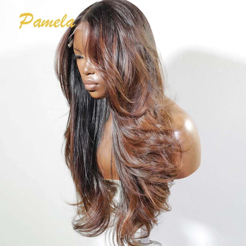 250% Density Highlight Straight Wave 1B/4 Color 13X6 HD Transparent Lace Front Human Hair Wig Glueless Ready To Wear And Go