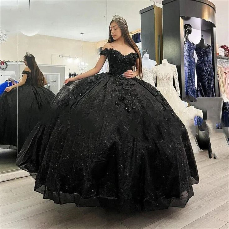 Shiny Vestidos De 15 Quinceanera Dress Puffy 3D Florals Sweet 16 Dress Mexican Black Birthday Formal Prom Dress Off Shoulders 2025 Luxury Corset Vesti