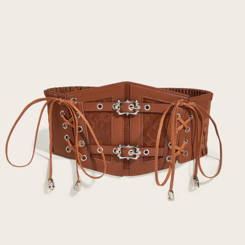 Ladies' Vintage Fashion Belt Wrap - Adjustable Lace Up Leather Bodice with Ornate Metal Buckles