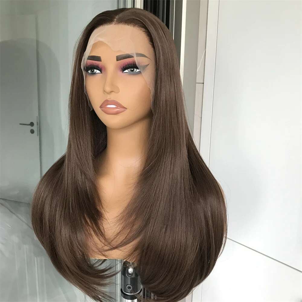 Chocolate Brown Layered Straight Front Synthetic Hair Pre Plucked Highlight Blonde Colored Lace Wig For Black Women