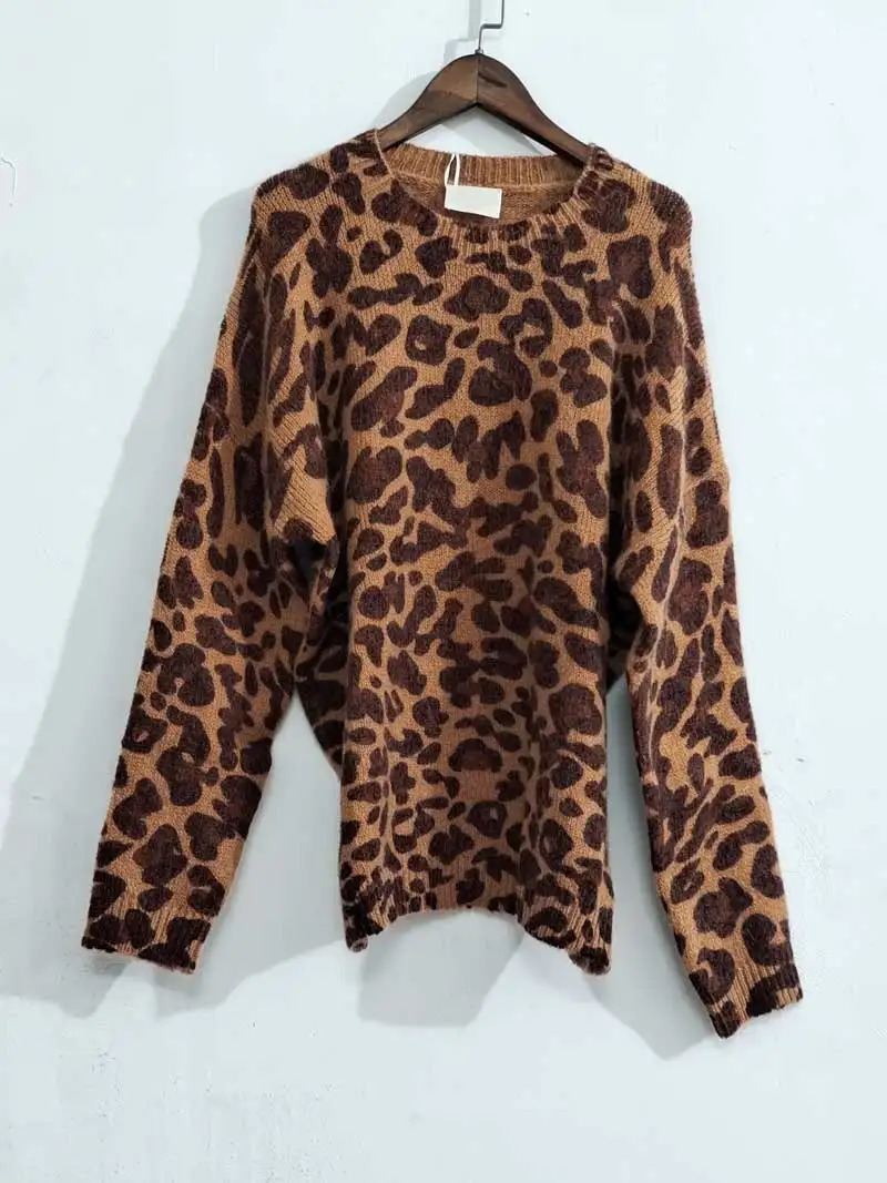 leopard print knitted sweater women long sleeve round neck streetwear autumn winter wool blend warm jumper female 250108