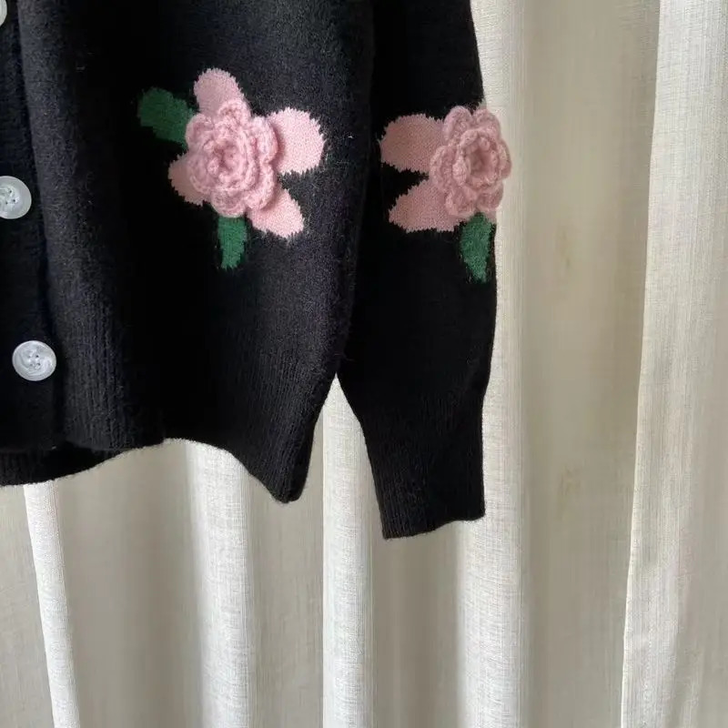 Casual Sweater Female Cardigan Women Loose Outer Coat Long Sleeve 3D Flower Round Neck Knitted 250108