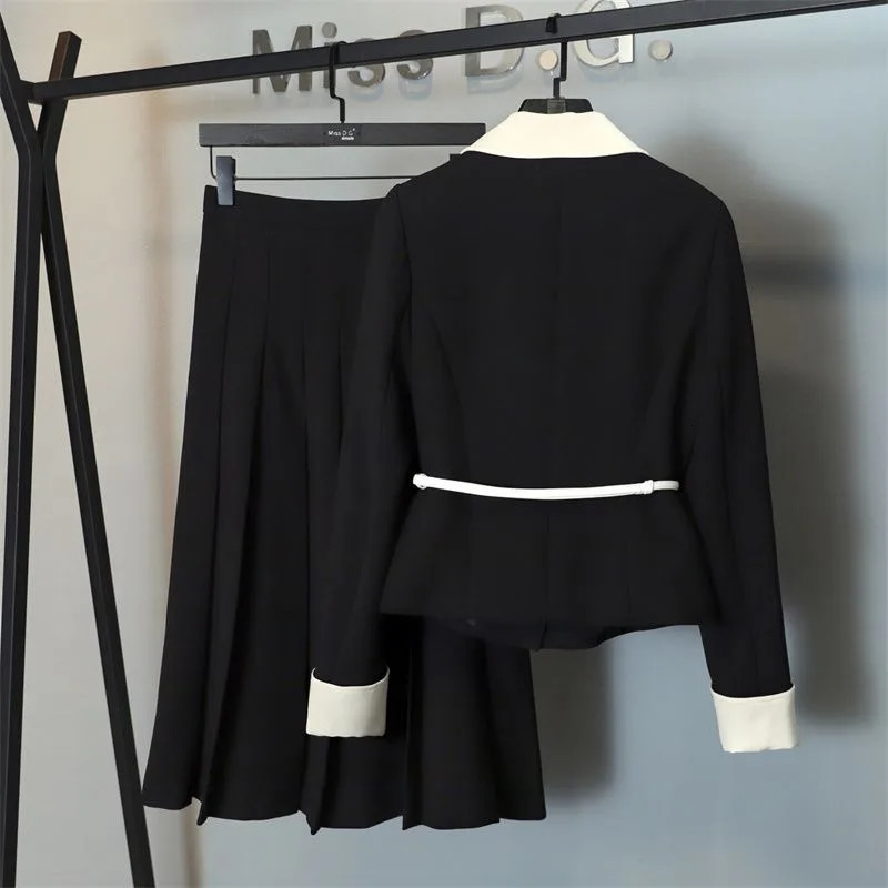 Lnsozkdg Elegant Black Splice Lapel Single Breasted Long Sleeve Contrasting Belt Womens Ruffle Coat Skirt Two Pieces Sets 250106