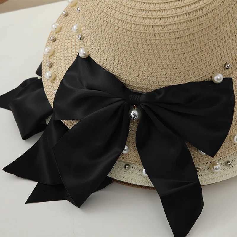 New Spring and Summer Fem Sunscreen Sun Hat Childrens Bow Beaded Hat Beach Hat Traw Hat X250109