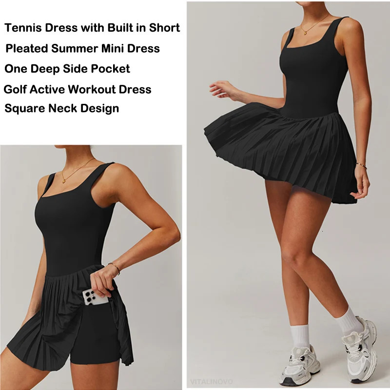 VITALINOVO Workout Tennis Dress with Built in Shorts Square Neck Padded Pockets Golf Athletic Mini Dresses 250106
