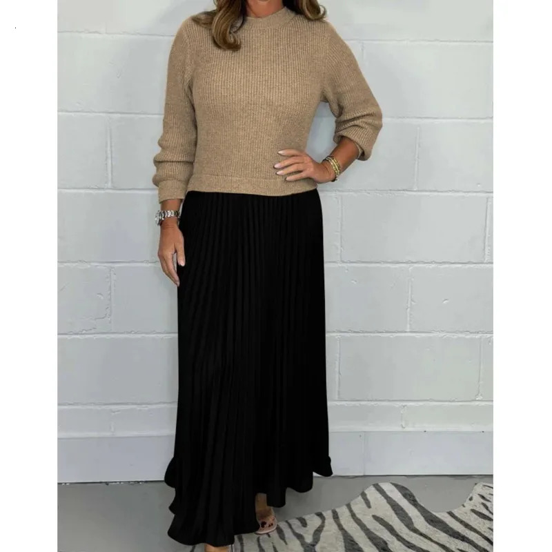 Autumn Winter Women Dress Twopiece Knitted Sweater Pleated Skirt Patchwork Long Sleeve Round Neck Aline Maxi 250106