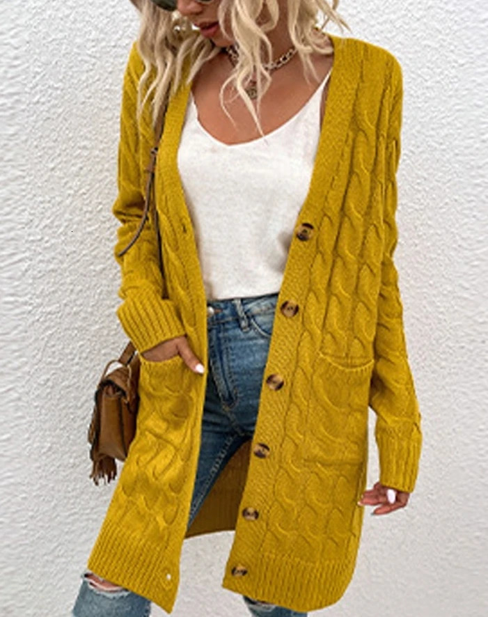 Womens Lazy Style Cardigan Autumn Winter Latest 2025 Long Sleeve Button Pocket Front Cable Knit Jacket Coat Open Front Top 250106