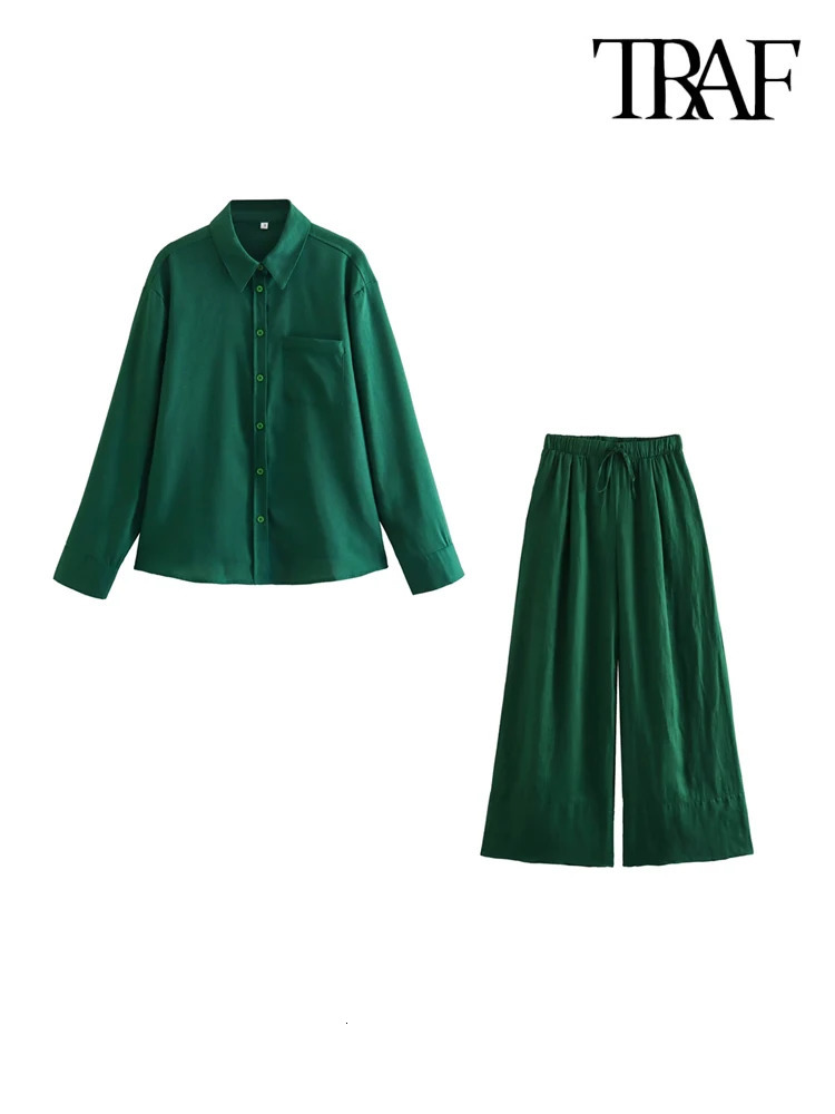 TRAF Women Fashion With Pocket Loose Linen Shirts And High Elastic Waist Wide Leg Pants Female Two Piece Sets Mujer 250106