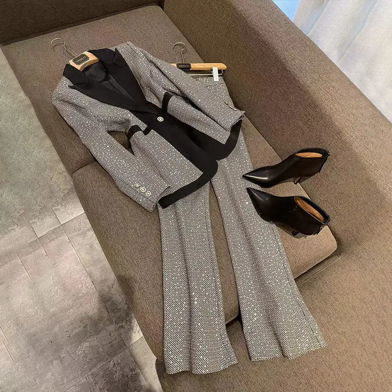 Women Blazers Long Wide Leg Pants 1 or Two Piece Set Korean Office Lady Graceful Slim Sequins Patchwork Suit Coat Trousers Sets 250106