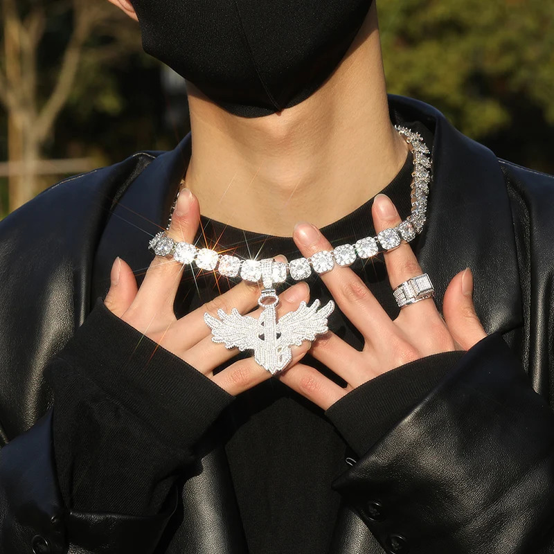 Hip Hop 5ACZ Stone Bling Ice Out Angel Wing Number 1 Pendant Necklace for Men Rapper Jewelry Gold Silver Color Drop 250109