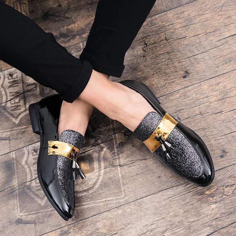 Party Flats Black Golden Formal Patchwork Tassel Leather Casuals Shoe Handmade Wedding Men Loafers Moccasins Dress Shoes