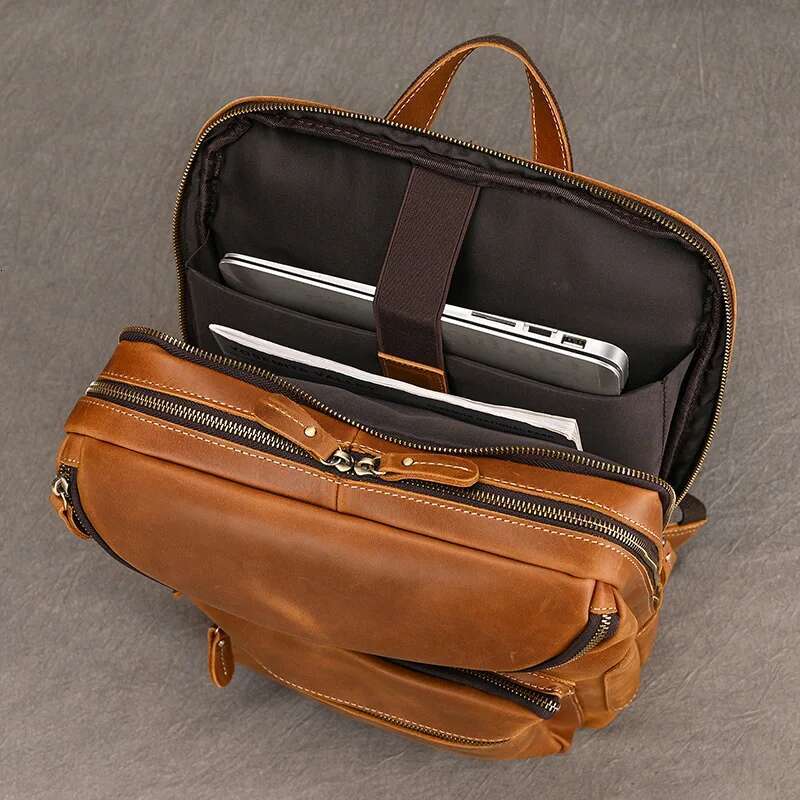 2023 New Fashion Bag 14 15.9 Laptop Backpack For Man Male Genuine Leather Men's Travel Bagpack Crazy Horse Skin