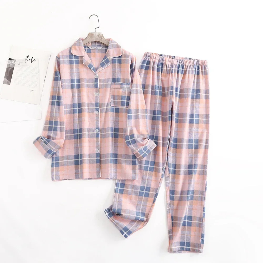 Cotton Flannel Womens Long Pants Pajamas Sets for Sleepwear Plaid n Loose Autumn and Winter Sleeve Trouser Suits 250106
