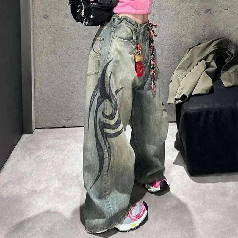 American Gothic Print Blue Wash Y2k Autumn Winter Retro Hip Hop Loose Casual Fashion Street High Waist Straight Jeans