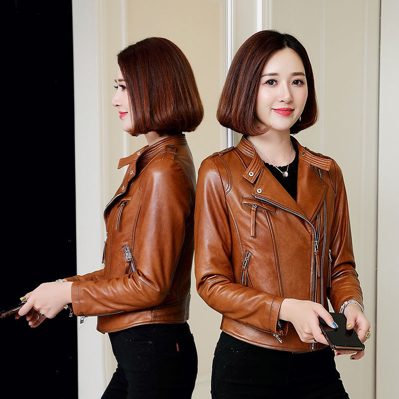 574Y946 Spring and Autumn Women's Jacket Leather Short Sheepskin Slim Fit and Slimming Motorcycle Suit Wholesale and Customization