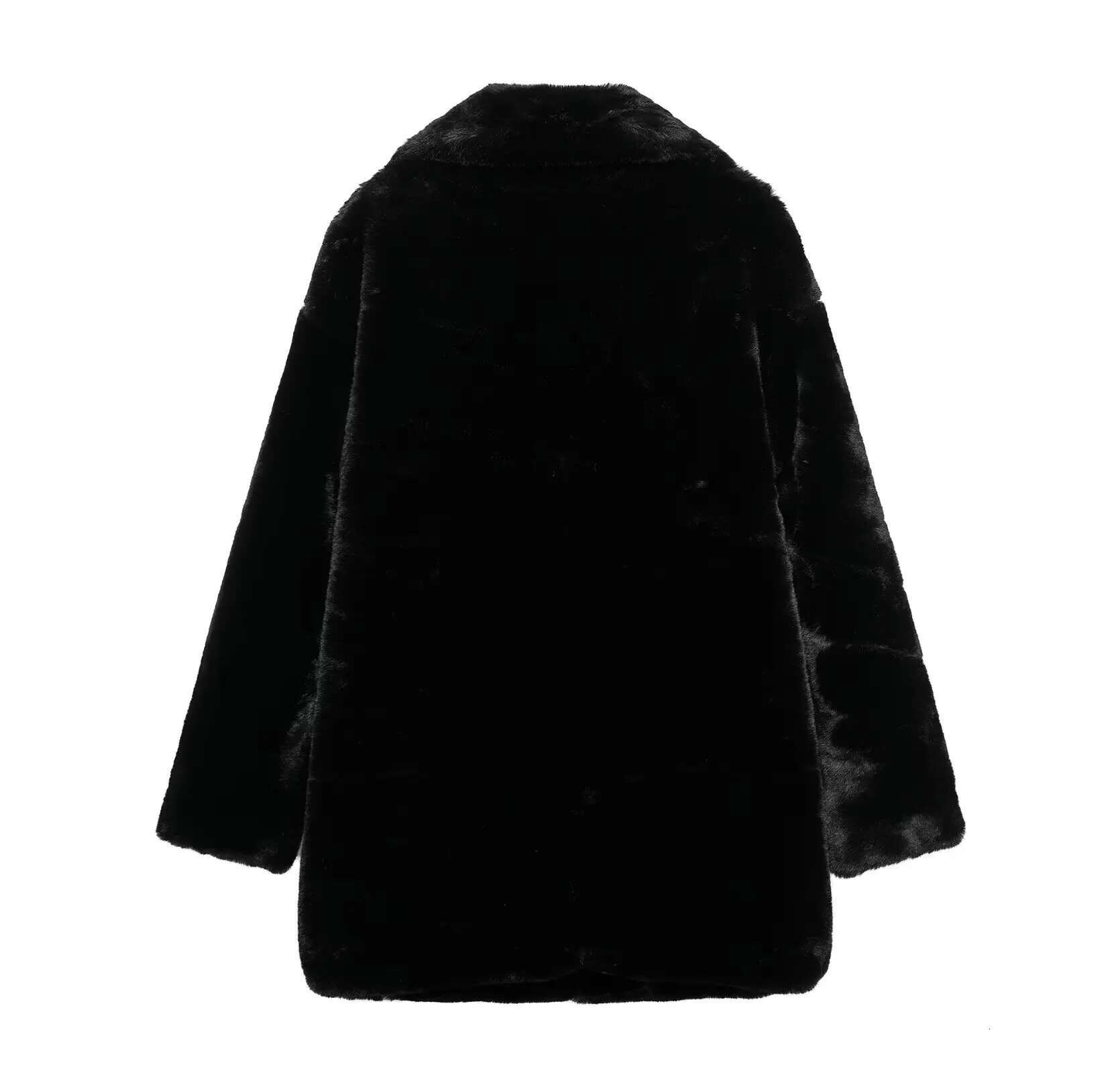 TRAFZA Women Fall Winter Faux Fur Lapel Mid Length New 2025 Fashion Elegant Romantic High Street Vintage Loose Coat