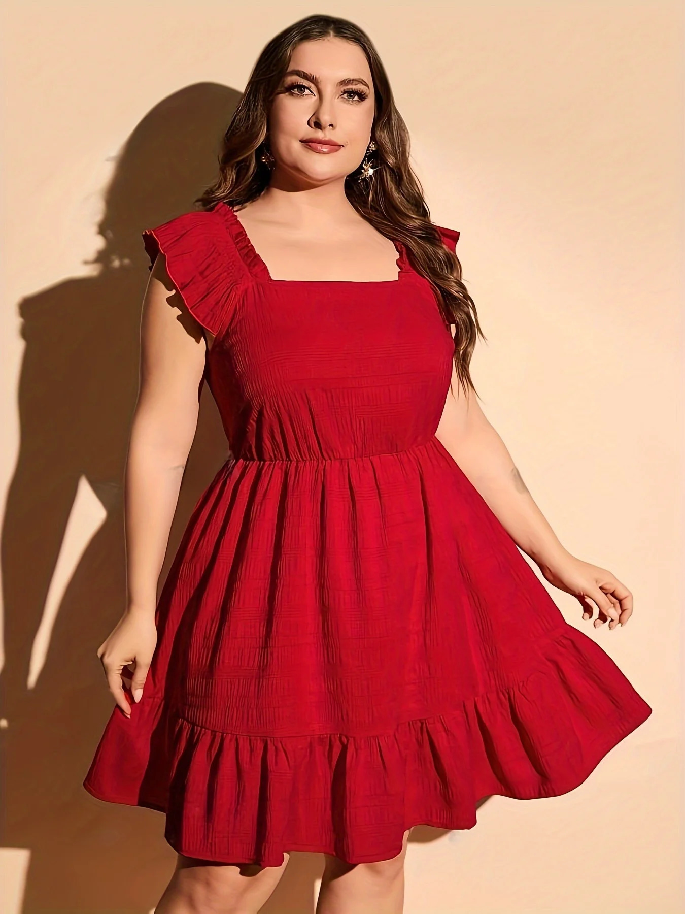 Plus Size Summer Women Elegant Dress Casual Vacation Vintage Solid Square Collar Ruffle Dresses 250106