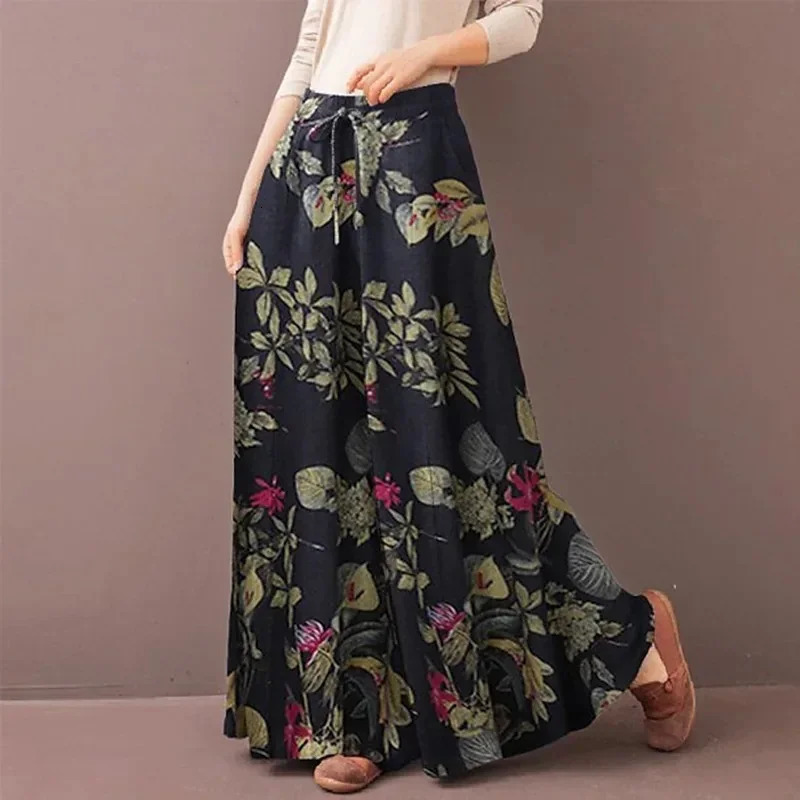 Floral Print Wide Leg Women Pants Spring Drawstring Bohemia Trousers Lady Casual Loose Elastic Waist Pantalonsw Plus Size 250108