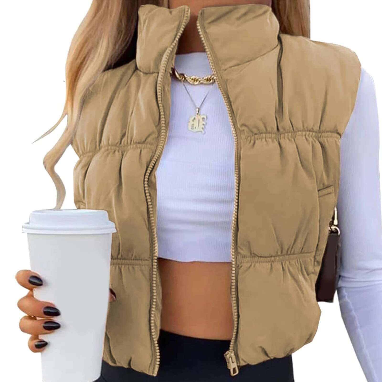Women's Winter Quilted Vest Solid Color Lightweight Zipper Stand Up Collar Warm Jacket Fashionable Sleeveless Designer Jacket