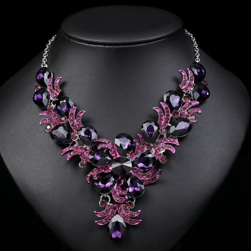 Purple Jewelry Set Wholesale Wedding Accessories y Crystal Rhinestone Flower Statement Earrings and Necklace for Women 250109