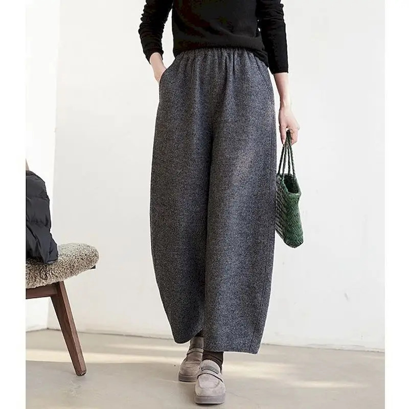 Lantern Pants Women Woolen Fabric Solid n Casual Loose Korean Fashion Elastic Waisted Trousers Clothing Harem 250108