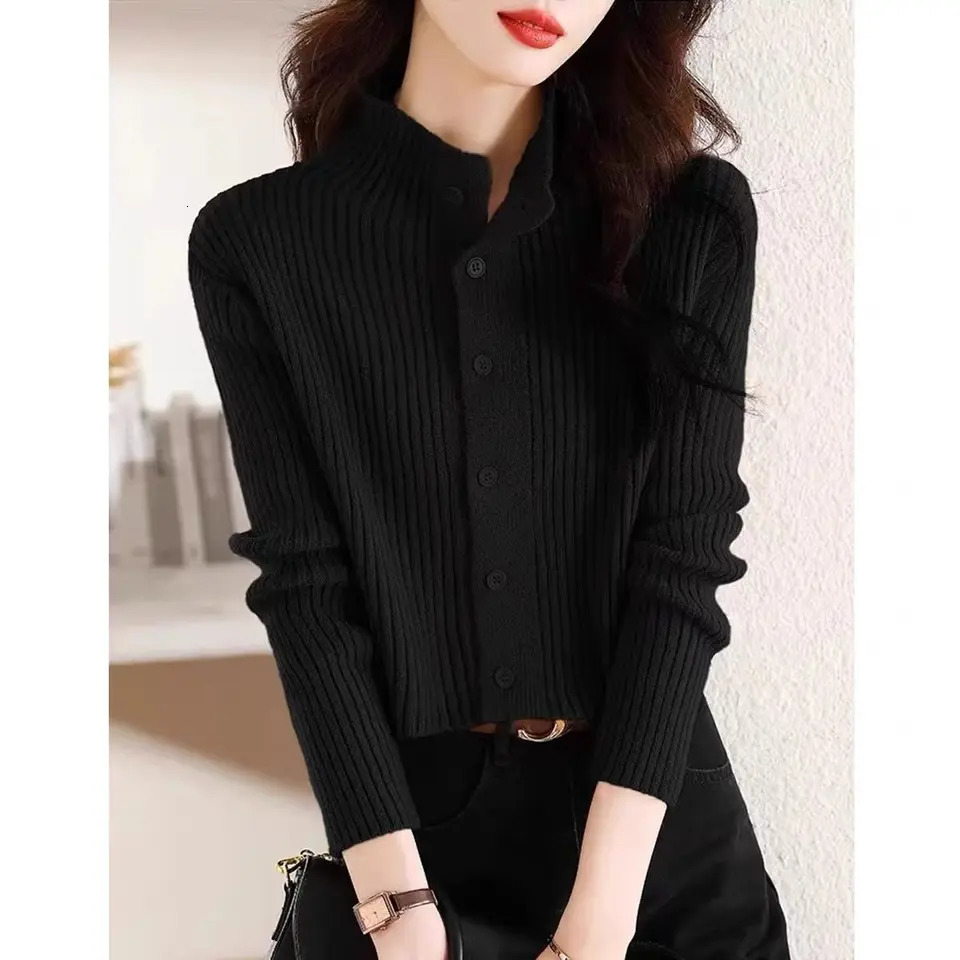 Spring Autumn Short Knitted Cardigan Jacket Women Stand Collar Long Sleeve Sweater Coat Casual Cardigan Sweater Solid Female Top 250106