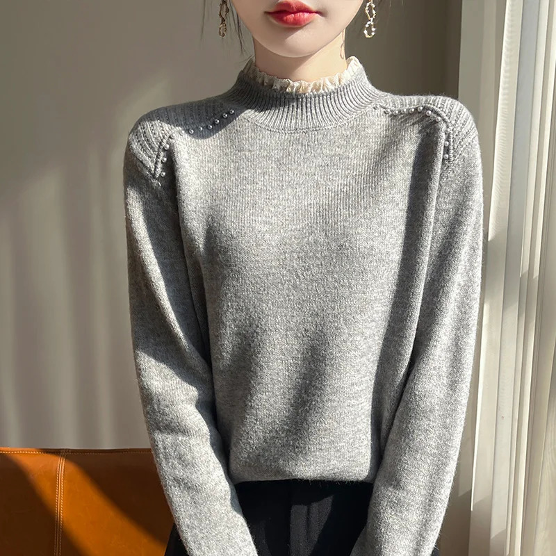 Women semi high neck sweater autumnwinter fine spun wool casual nail bead knitting Tops womens lace splicieng Blouse versatil 250108