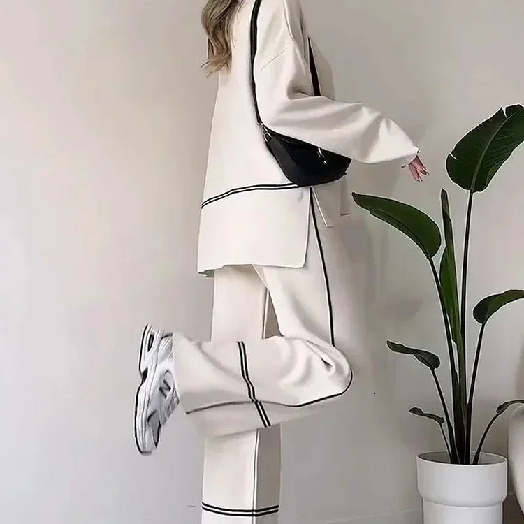 Pant Sets Women Two Piece Knit Full Sleeve Stand Collar Top Pullovers Midi Waist Long Pants Straight Casual Autumn Winter 250106